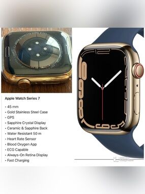 Apple Gold Stainless Steel Smartwatch with Dark Blue Band